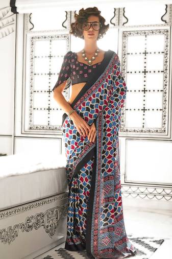 Medium blue printed ajarakh satin crepe saree