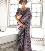 Medium blue printed ajarakh satin crepe saree