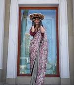 Pink-dusty rose print japan crepe saree