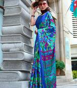 Bright blue print japan crepe saree