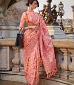 Peachy-pink organza parsi handloom weaving saree