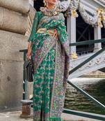 Teal green organza parsi handloom weaving saree