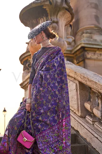 Vibrant purple base organza parsi handloom weaving saree