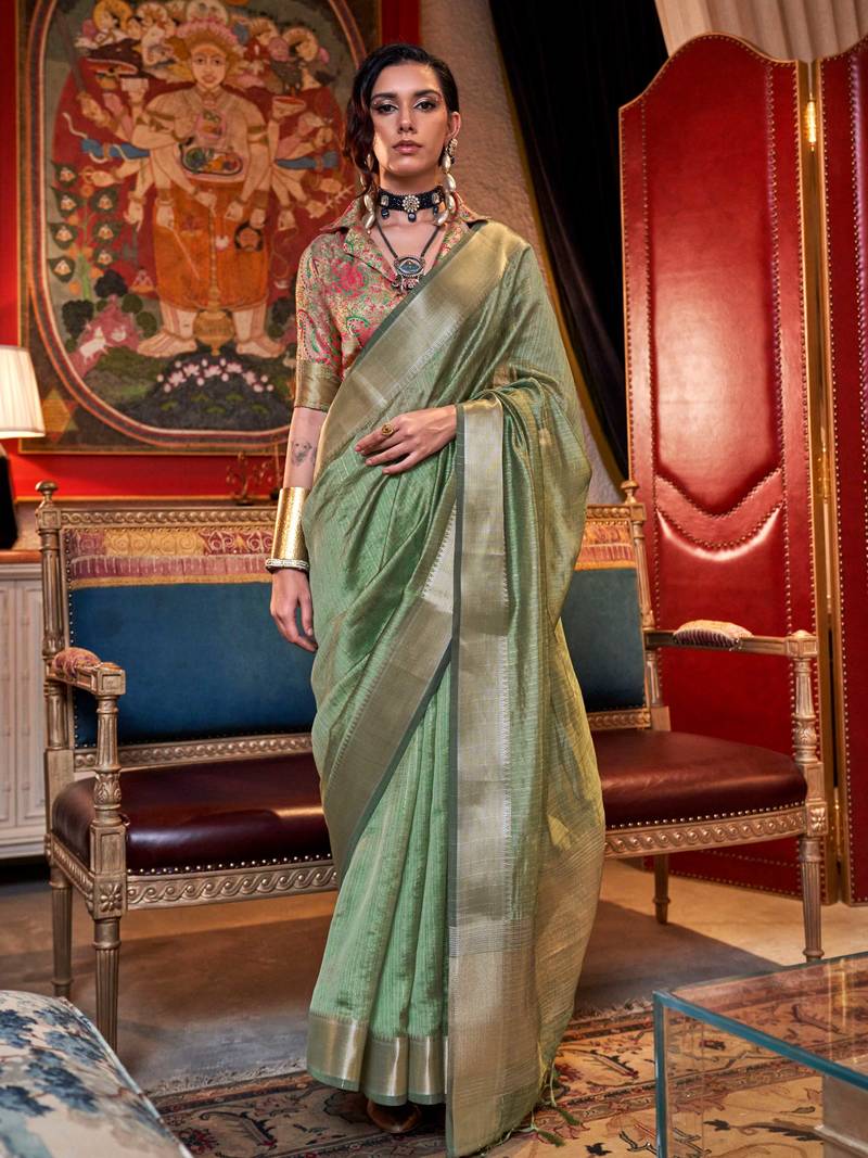 Light green soft silk handloom weaving saree