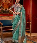 Turquoise blue soft silk handloom weaving saree