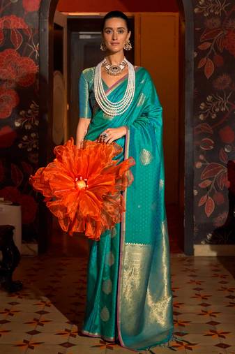 Turquoise blue handloom weaving silk saree