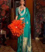 Turquoise blue handloom weaving silk saree