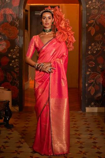 Hot pink handloom weaving silk saree