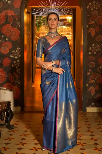 Royal blue handloom weaving silk saree