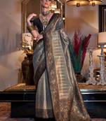 Dark grey zari tissue handloom weaving saree