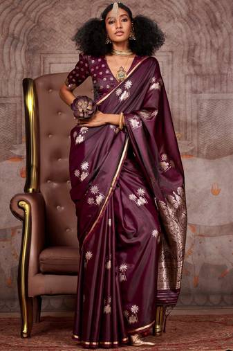Mauve pink zari tissue handloom weaving saree