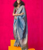 Steel blue viscose zari tissue embroidery and position blouse saree
