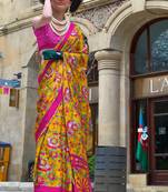 Yellow-magenta pink print japan crepe saree saree