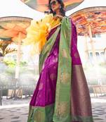 Purple-green katan silk handloom weaving saree two tone contrast saree