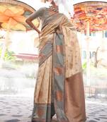 Grey-beige katan silk handloom weaving saree two tone contrast saree
