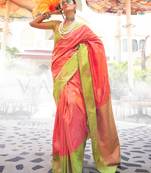 Coral-lime green katan silk handloom weaving saree two tone contrast saree