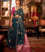 Deep green-pink satin handloom weaving saree two tone contrast pallu and blouse saree