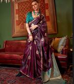 Wine-green satin handloom weaving saree two tone contrast pallu and blouse saree