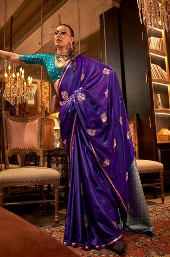 Purple-gold satin handloom weaving saree two tone contrast pallu and blouse saree