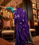Purple-gold satin handloom weaving saree two tone contrast pallu and blouse saree