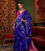 Cobalt blue-gold satin handloom weaving saree two tone contrast pallu and blouse saree