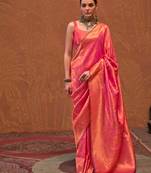 Coral pink-gold handloom weaving silk saree