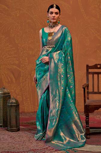 Aqua blue-gold handloom weaving silk saree
