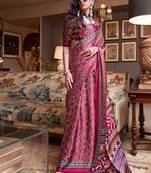Pink-blue patola printed satin crepe saree
