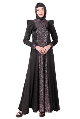 Sequence Embellished Black Satin Abaya 1