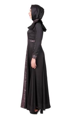 Sequence Embellished Black Satin Abaya 3