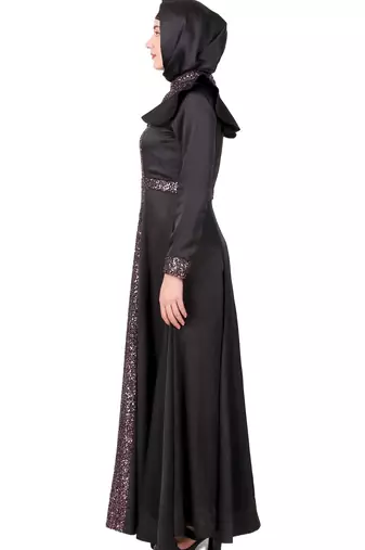 Sequence Embellished Black Satin Abaya