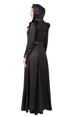 Sequence Embellished Black Satin Abaya 4