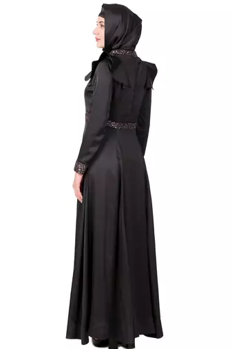 Sequence Embellished Black Satin Abaya