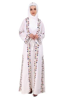 Heavy Embroidered Front Open White Abaya 1