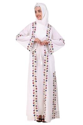 Heavy Embroidered Front Open White Abaya 2