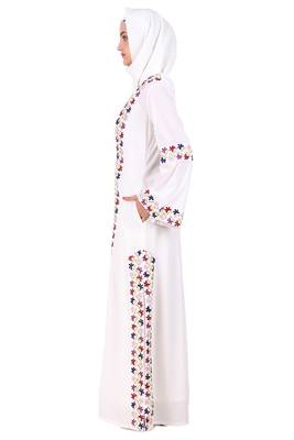 Heavy Embroidered Front Open White Abaya 3