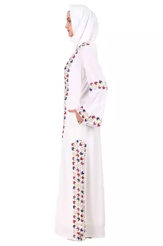 Heavy Embroidered Front Open White Abaya