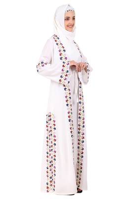 Heavy Embroidered Front Open White Abaya 4