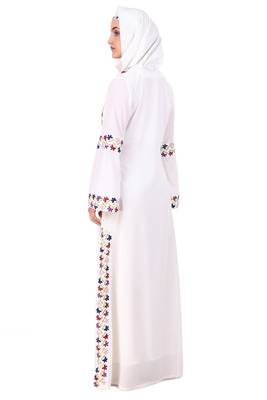 Heavy Embroidered Front Open White Abaya 5