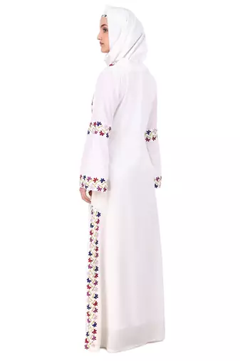 Heavy Embroidered Front Open White Abaya