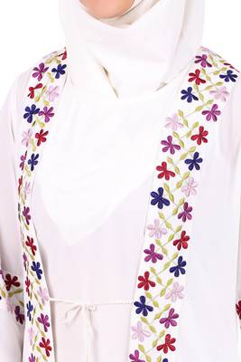 Heavy Embroidered Front Open White Abaya 6