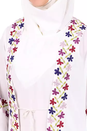Heavy Embroidered Front Open White Abaya