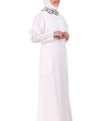 Embroidered Floral Neck White Abaya