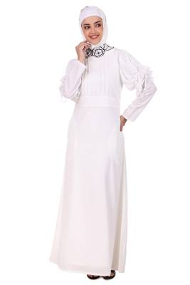 Embroidered Floral Neck White Abaya 6