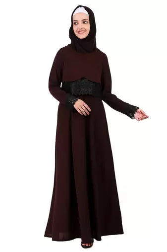 Brown Nida and Jersey Fancy Lace Abaya