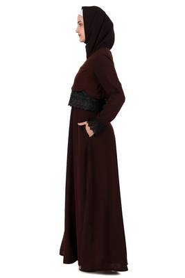 Brown Nida and Jersey Fancy Lace Abaya 3
