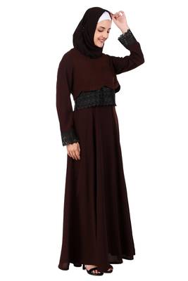 Brown Nida and Jersey Fancy Lace Abaya 5