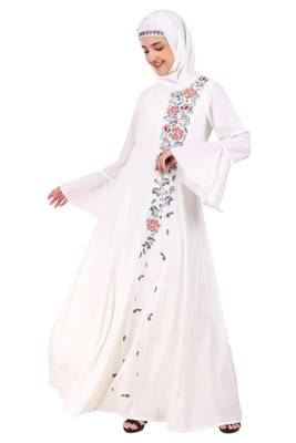 Hand Embroidered Princess Seam White Abaya 3
