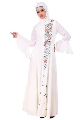 Hand Embroidered Princess Seam White Abaya 6