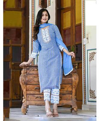 Blue Ethnic A-Line Wedding Wear Kurti With Pant & Dupatta Set 4